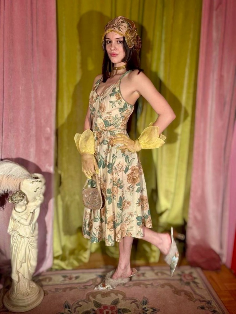 Late 70s Floral Cotton Tie-Back Dress, Size S